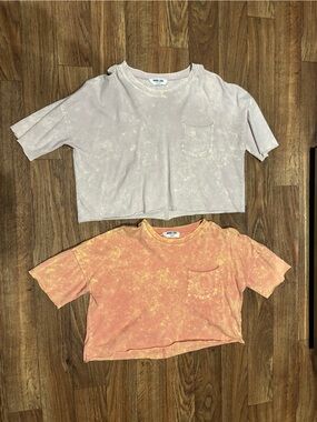 Double Zero Mineral-Wash Cropped Pocket Tee in Light Peach and Pale Lavender